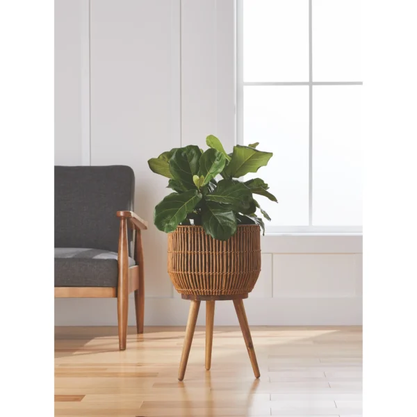 13 in Round Brown Resin Planter & Stand Set with Wood Legs - Image 3