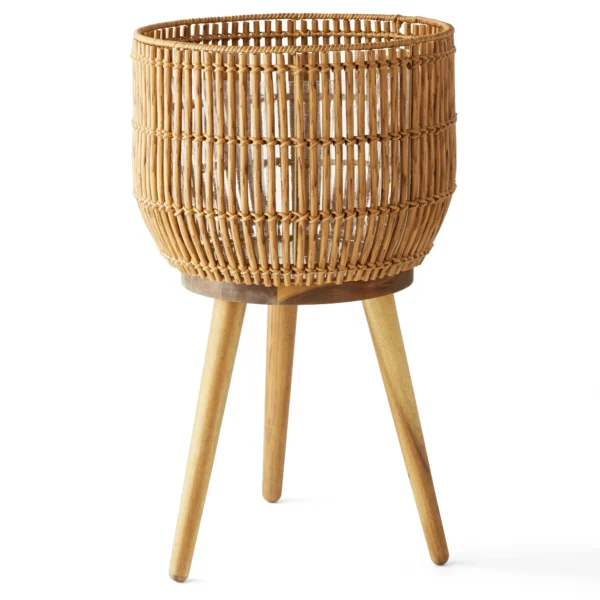 13 in Round Brown Resin Planter & Stand Set with Wood Legs